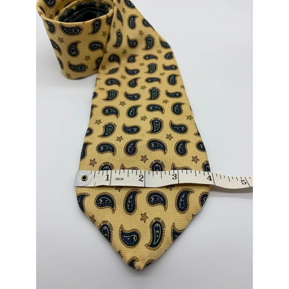 Tommy Hilfiger, Yellow 100% Silk Necktie, Blue/Green Paisley & Star Pattern